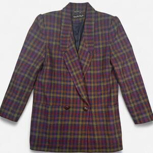 Giorgio Sant’Angelo Double Breasted Wool Blazer Womens M 80s Plaid Vintage